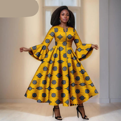  Gele Ankara Jurk met Zwarte en  Witte Details - Wijden Mauwen &amp; RitsDetail