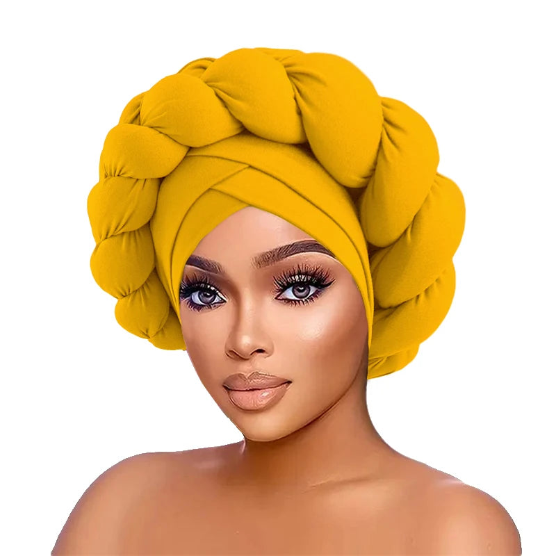 Gele Hoofddoek met Vlechteffect  – Luxe &amp; Kant-en-klaar