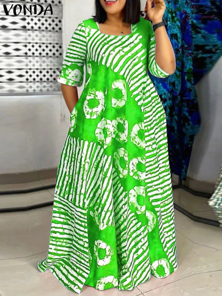 Tie-Dye Maxi Jurk met Strepen &amp; Rondjes Elegante Afrikaanse Stijl