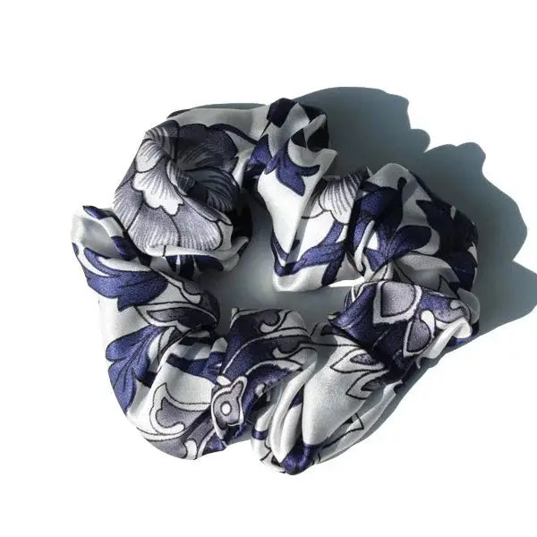 Cherry print 100% pure mulberry silk scrunchie. Large, soft silk hair tie for a fun and stylish hair accessory.