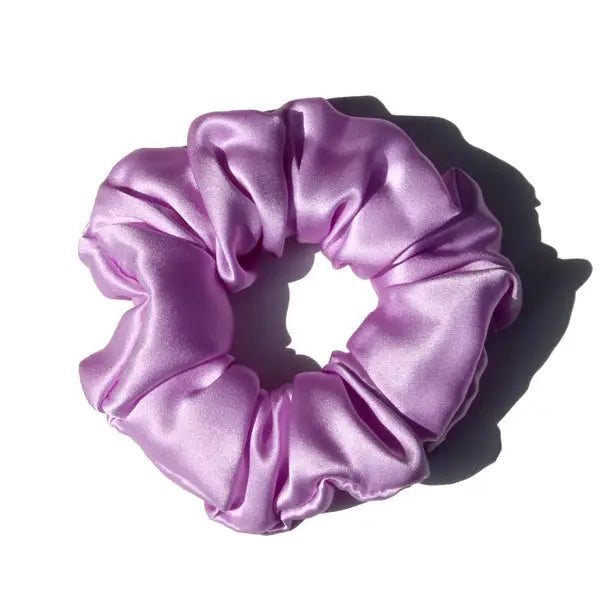 Deep purple 100% pure mulberry silk scrunchie. Large, soft silk hair tie for a bold and stylish hair accessory.
