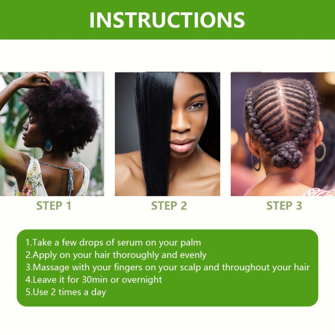 Instructions for hair care product use with images of a woman and her hair stages.