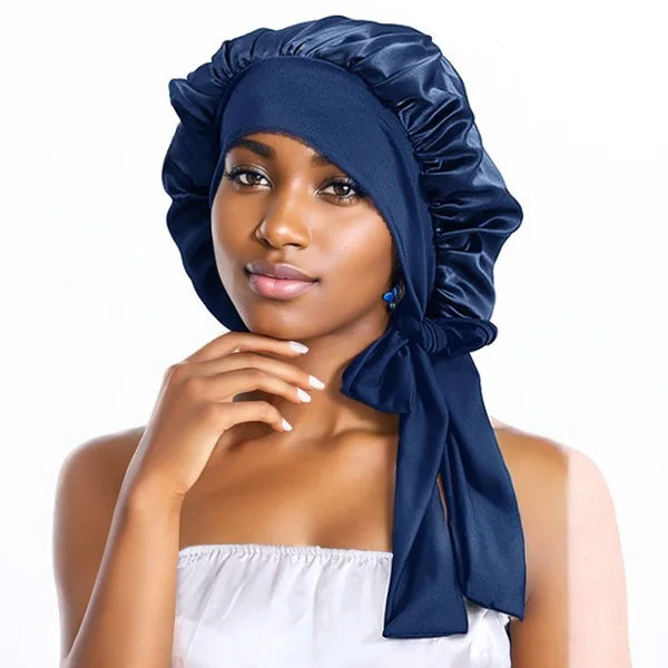 Navy Blauwe zijden Bonnet – Haarbescherming met Elastische Band