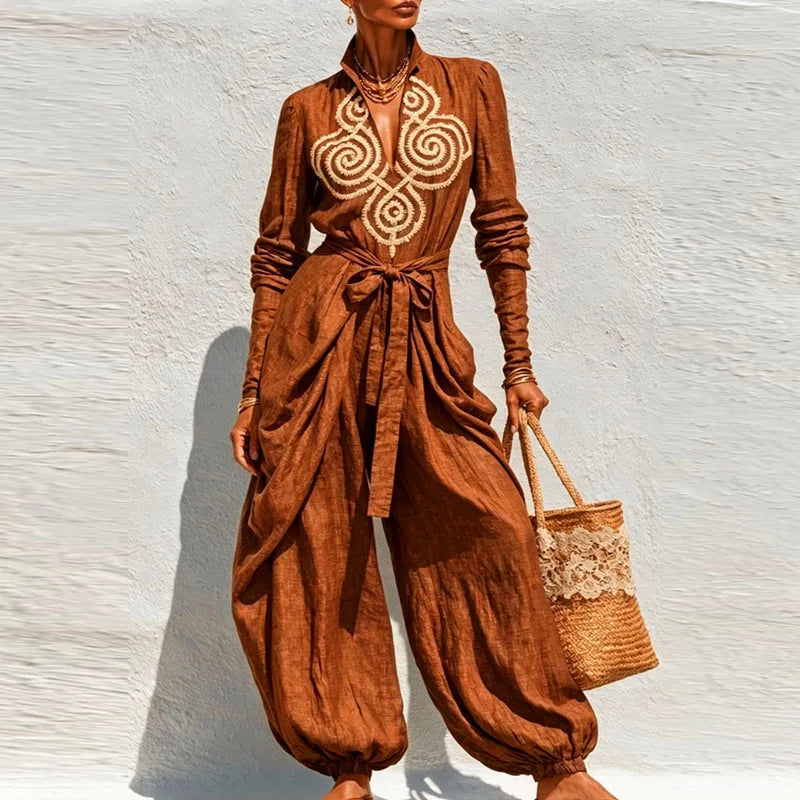 Boho Chic Geborduurde Polyester Jumpsuit – Statement Set met Strikeluxus