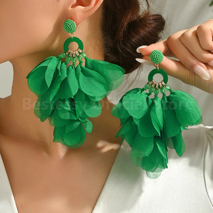 Oversized Fabric Petal Tassel Statement Earrings | Lightweight Floral Boho Drop Earrings for Women