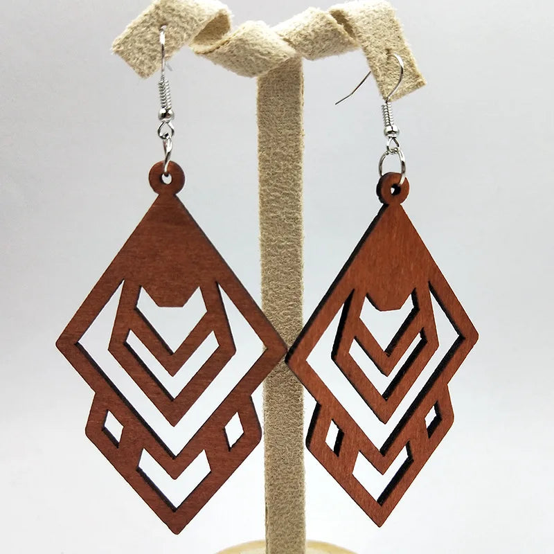 African Map Engraved Wooden Earrings Chevron Drop