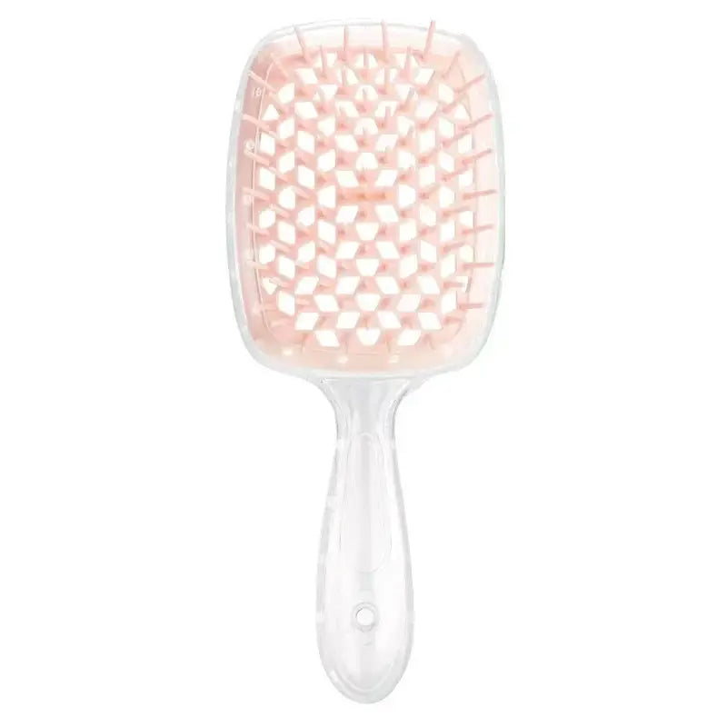 Black detangling brush with a honeycomb bristle structure for curly hair. Provides a comfortable grip and smooth detangling experience.