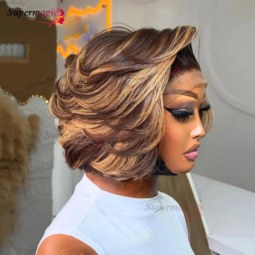 Luxe Gelaagde Bob Wig met Honey Blonde Highlights - 100% Remy Menselijk Haar - Glueless