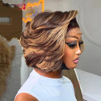 Luxe Gelaagde Bob Wig met Honey Blonde Highlights - 100% Remy Menselijk Haar - Glueless