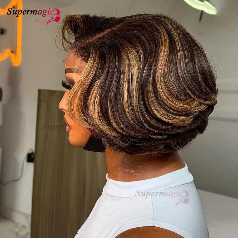 Luxe Gelaagde Bob Wig met Honey Blonde Highlights - 100% Remy Menselijk Haar - Glueless