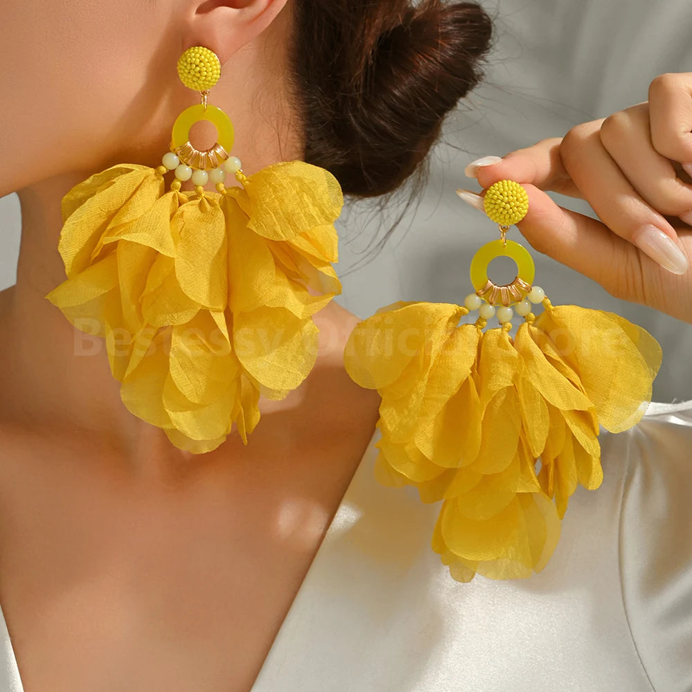 Oversized Fabric Petal Tassel Statement Earrings | Lightweight Floral Boho Drop Earrings for Women