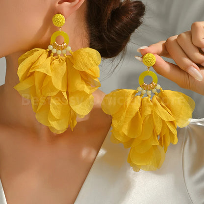 Oversized Fabric Petal Tassel Statement Earrings | Lightweight Floral Boho Drop Earrings for Women