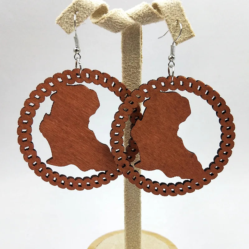 African Map Engraved Wooden Earrings Chevron Drop