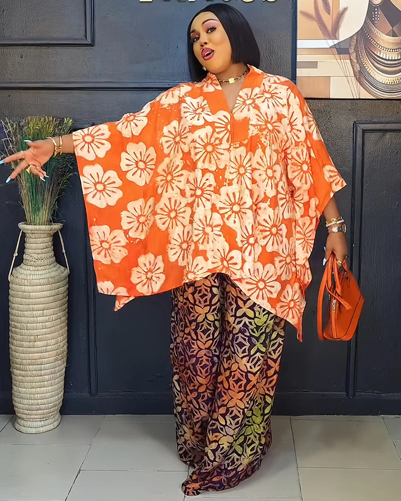 Tweedelige Dames Set met V-hals – Afrikaanse Ankara Print Top en Broek