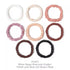 Eight Mulberry Silk Hair Elastics in colors like white, beige, rose pink, and black. Designed for frizz-free styling of natural hair and locs.
