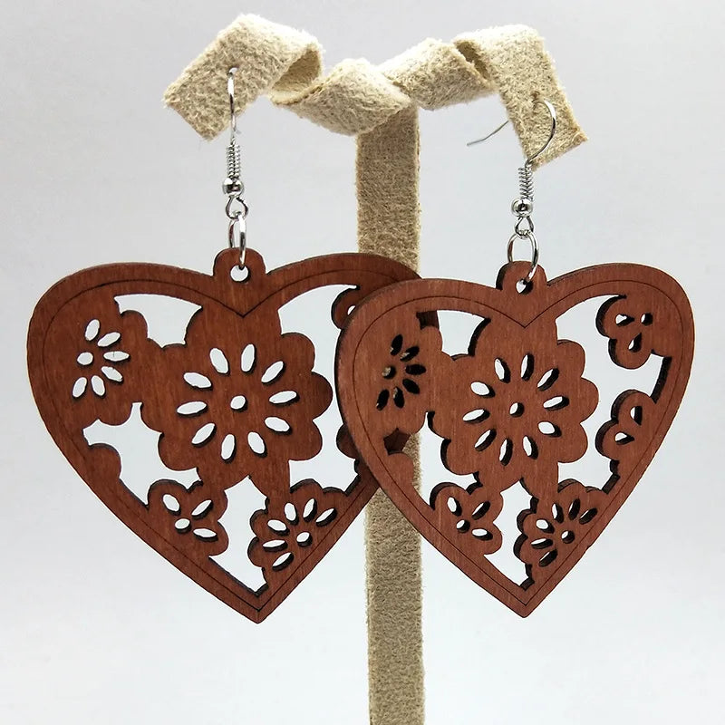 African Map Engraved Wooden Earrings Chevron Drop