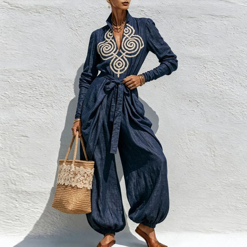 Boho Chic Geborduurde Polyester Jumpsuit – Statement Set met Strikeluxus