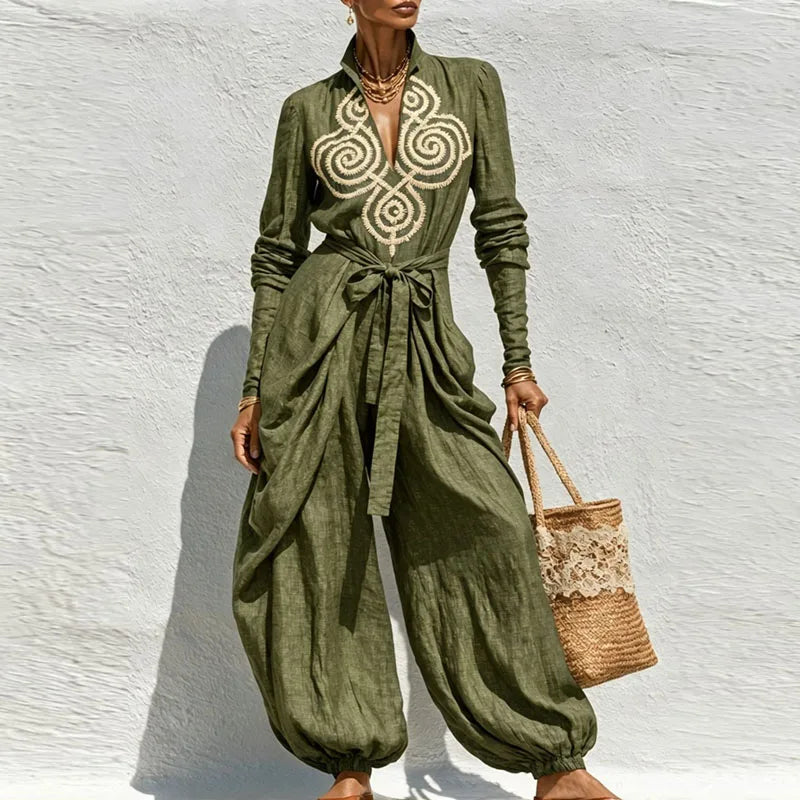 Boho Chic Geborduurde Polyester Jumpsuit – Statement Set met Strikeluxus