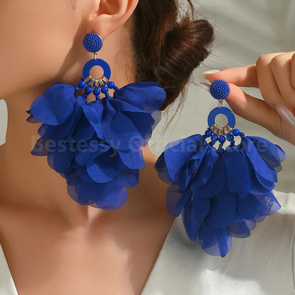 Oversized Fabric Petal Tassel Statement Earrings | Lightweight Floral Boho Drop Earrings for Women