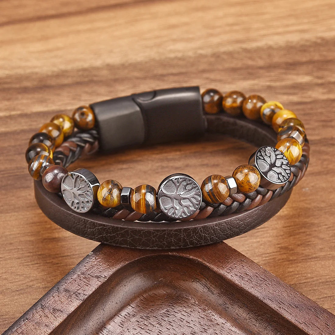 Tree of Life Tijgeroog Armband – Leder &amp; Kralen