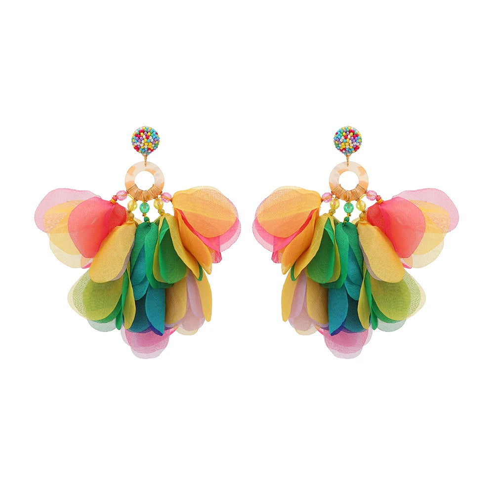 Oversized Fabric Petal Tassel Statement Earrings | Lightweight Floral Boho Drop Earrings for Women