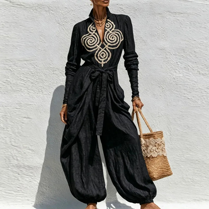 Boho Chic Geborduurde Polyester Jumpsuit – Statement Set met Strikeluxus