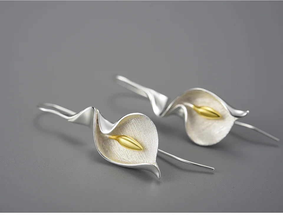 Lotus Fun 18K Gold Long Hanging New Calla Lily Flower Dangle Earrings for Women Real 925 Sterling Silver Luxury Fine Jewelry