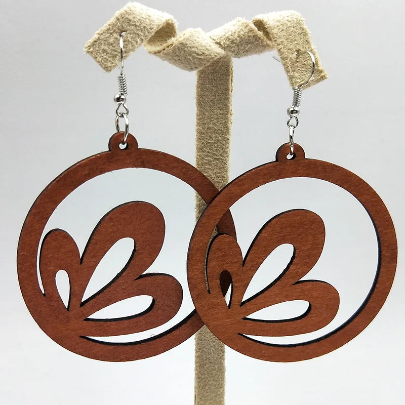 African Map Engraved Wooden Earrings Chevron Drop