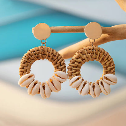 Handgemaakte Rotan &amp; Kauri-schelp Oorbellen | Boho Strand Sieraden | Gevlochten Rotan Hangers met Houten Kralen