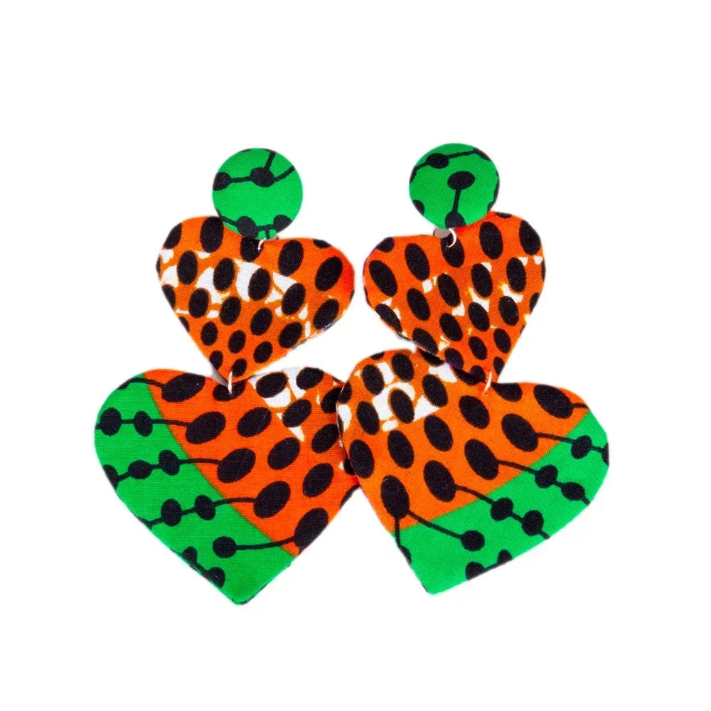 Ankara Fabric Heart Earrings Orange