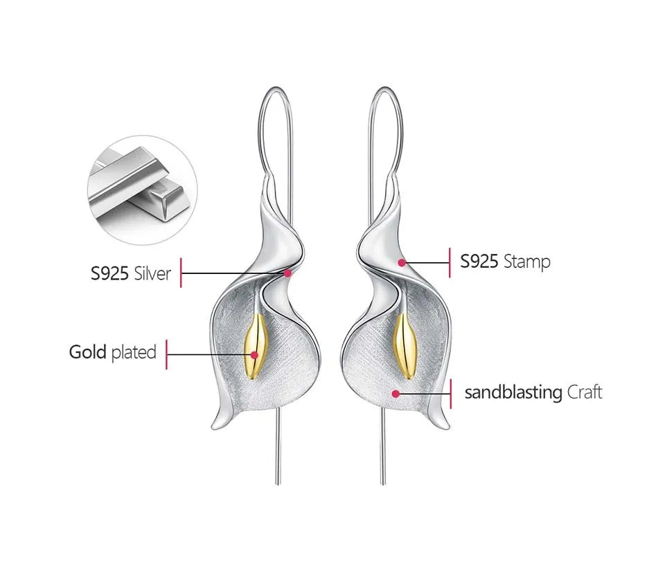 Lotus Fun 18K Gold Long Hanging New Calla Lily Flower Dangle Earrings for Women Real 925 Sterling Silver Luxury Fine Jewelry