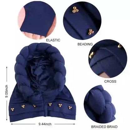 Navy blue Gele African turban for women with braided details and gold bead embellishments. A stylish headwrap for formal and casual wear.