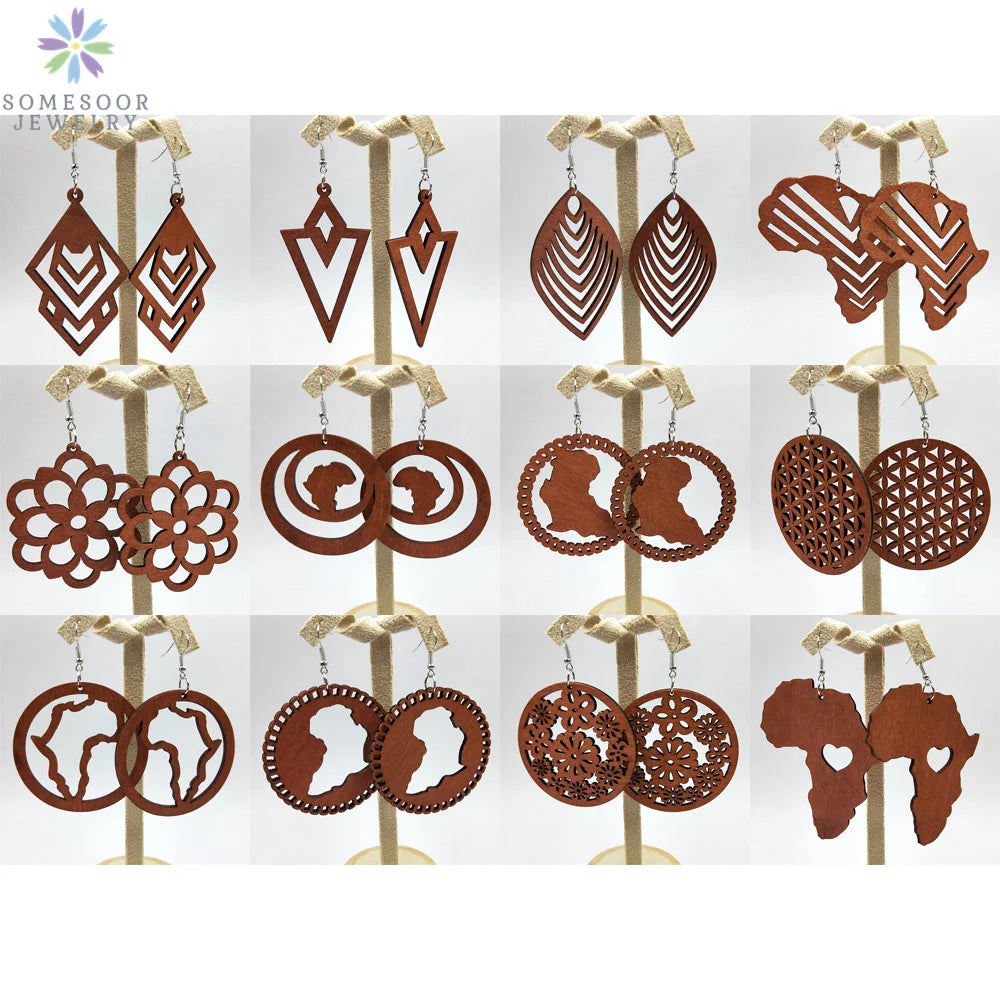 African Map Engraved Wooden Earrings Chevron Drop