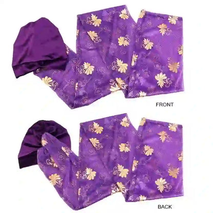 Front and back view of the Regal Amethyst Adorned Headwrap, highlighting its intricate gold floral design and soft fabric. A versatile and elegant headwrap.