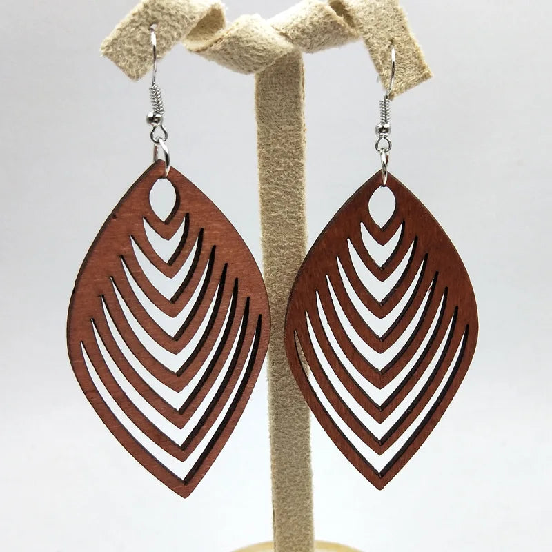 African Map Engraved Wooden Earrings Chevron Drop