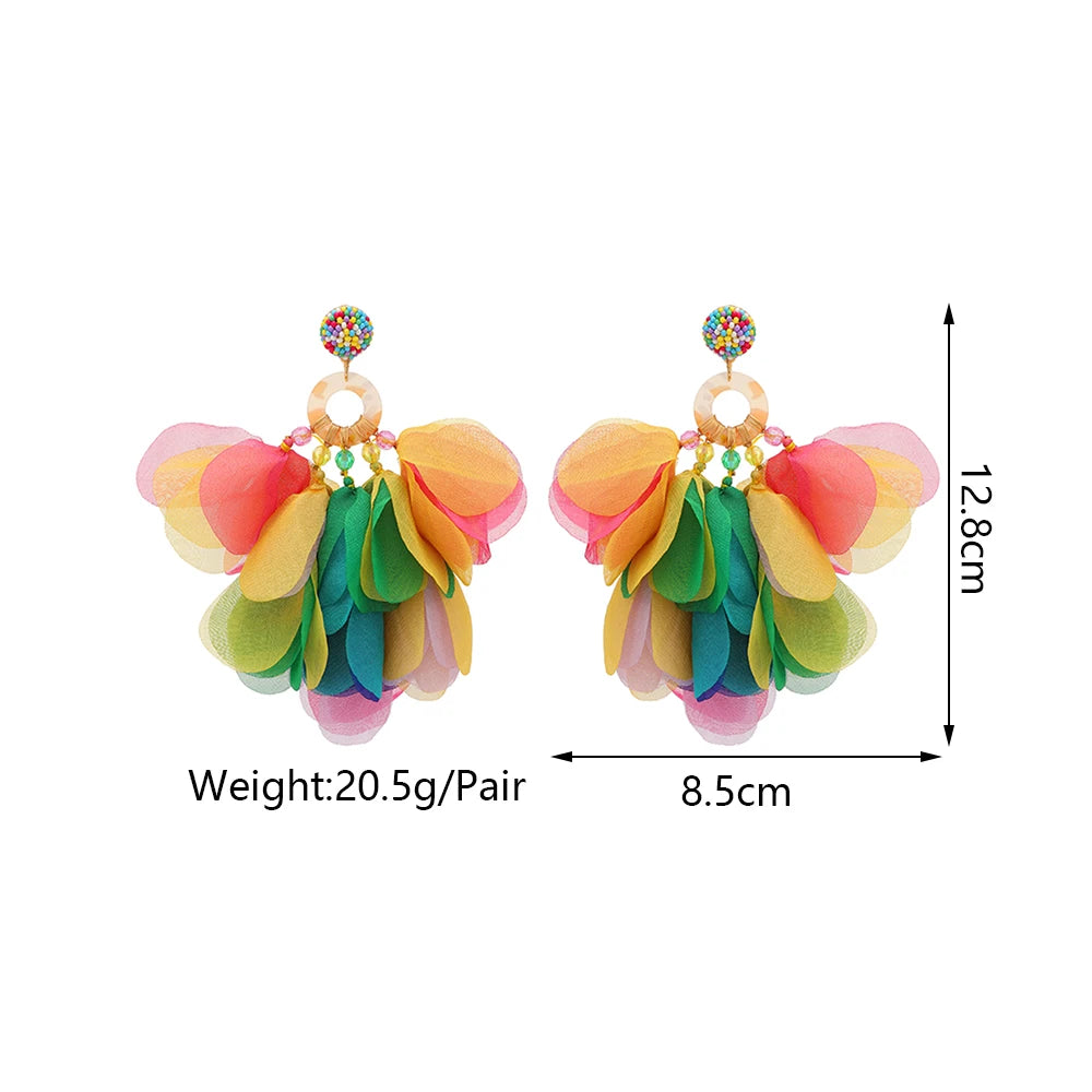 Oversized Fabric Petal Tassel Statement Earrings | Lightweight Floral Boho Drop Earrings for Women