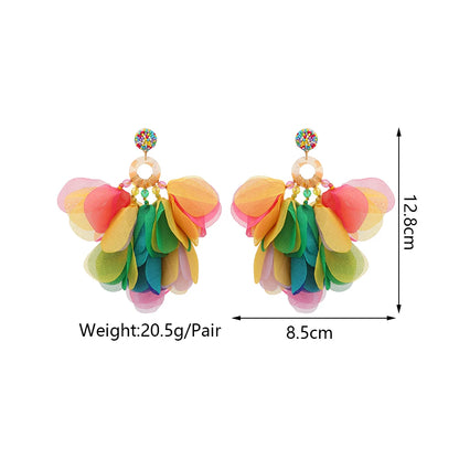 Oversized Fabric Petal Tassel Statement Earrings | Lightweight Floral Boho Drop Earrings for Women