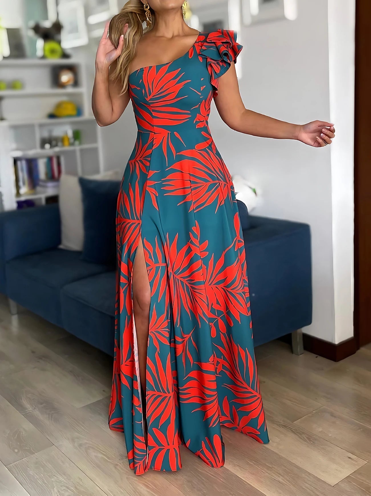 One Shoulder phenomenal Maxi Dress  with high Split Hem Elegant