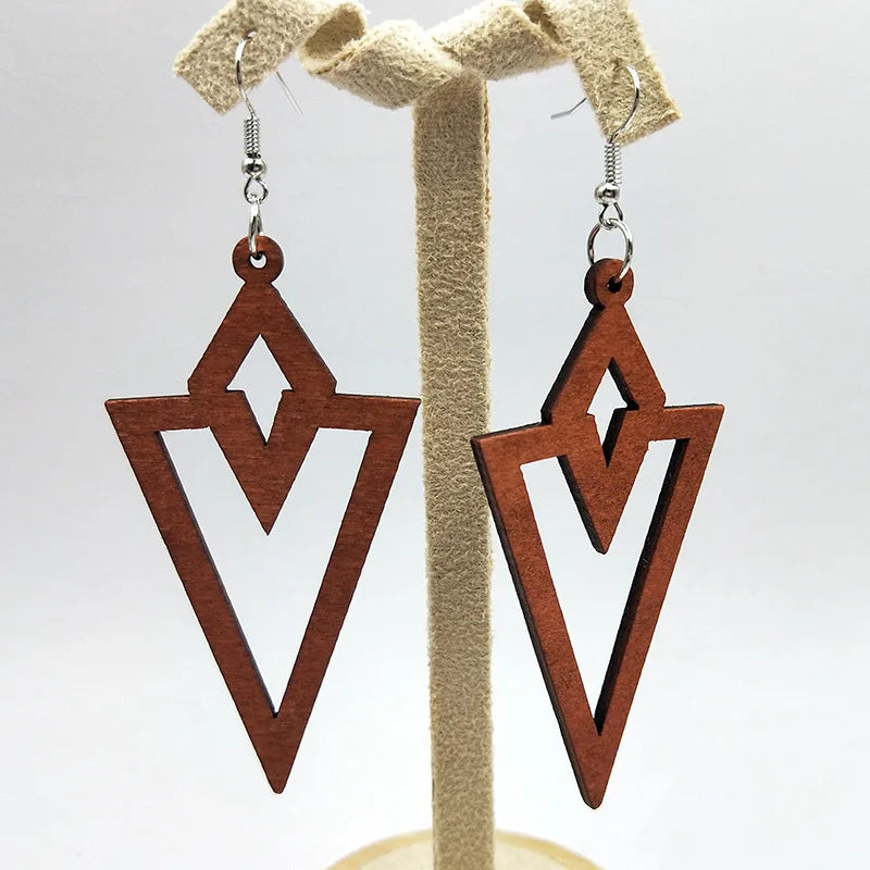 African Map Engraved Wooden Earrings Chevron Drop