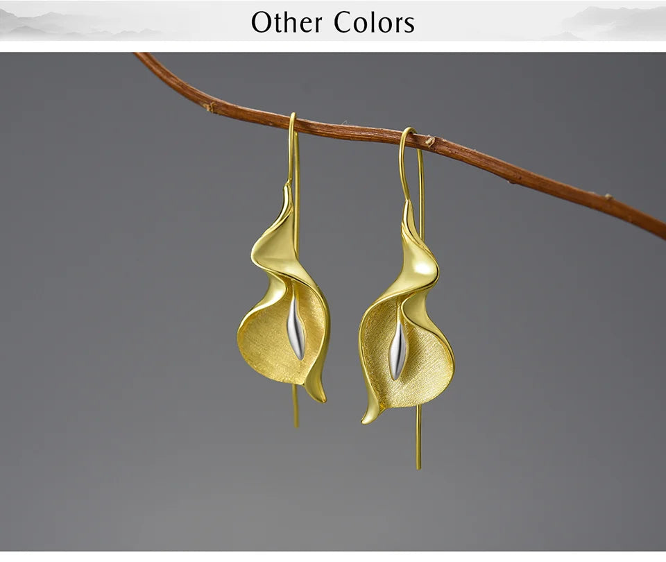 Lotus Fun 18K Gold Long Hanging New Calla Lily Flower Dangle Earrings for Women Real 925 Sterling Silver Luxury Fine Jewelry