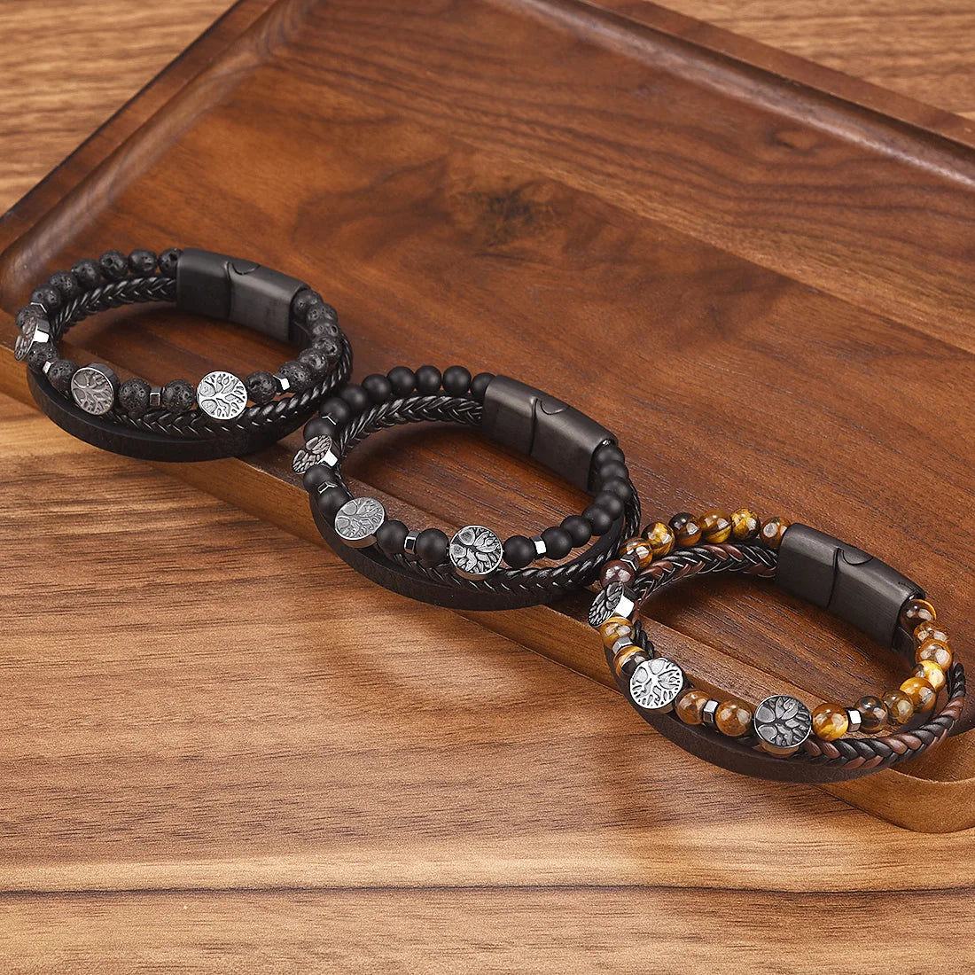 Tree of Life Tijgeroog Armband – Leder &amp; Kralen