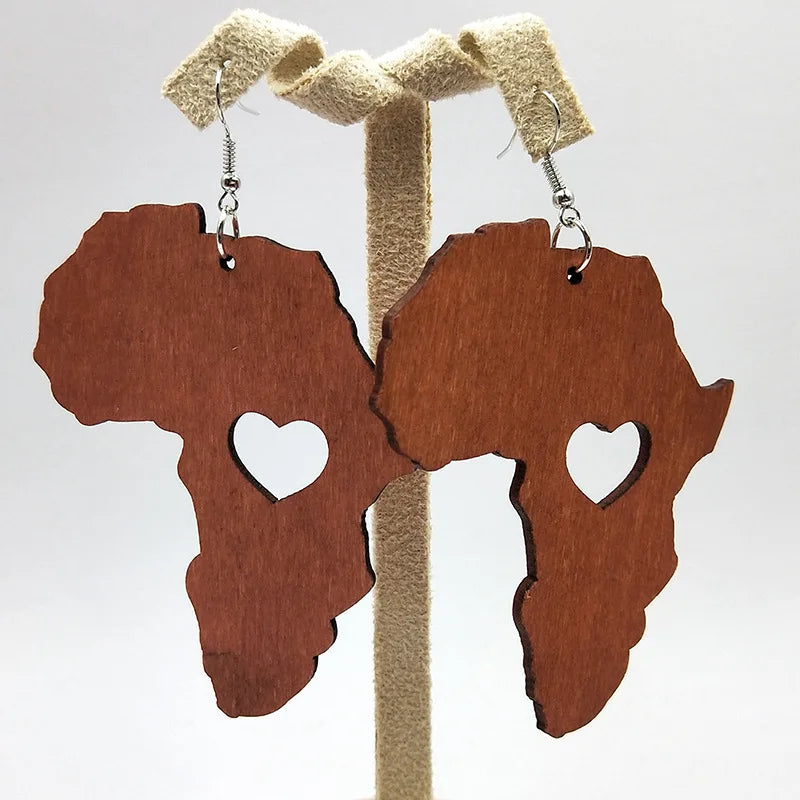 Afrikaanse kaart gegraveerde houten oorbellen  maskermotief