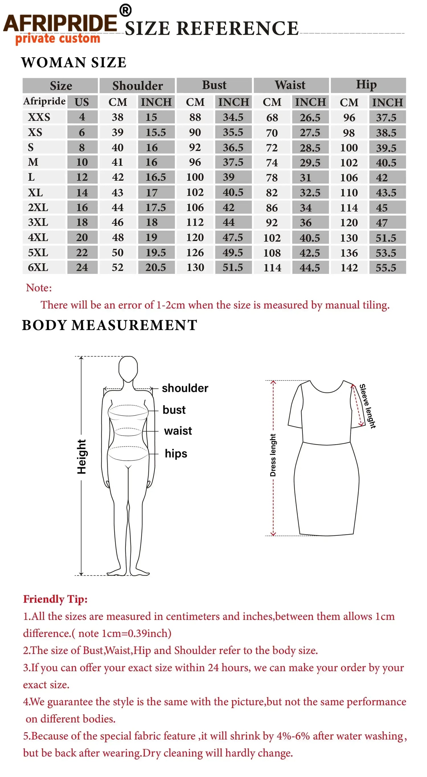 Size Chart voor de Ankara Jurk