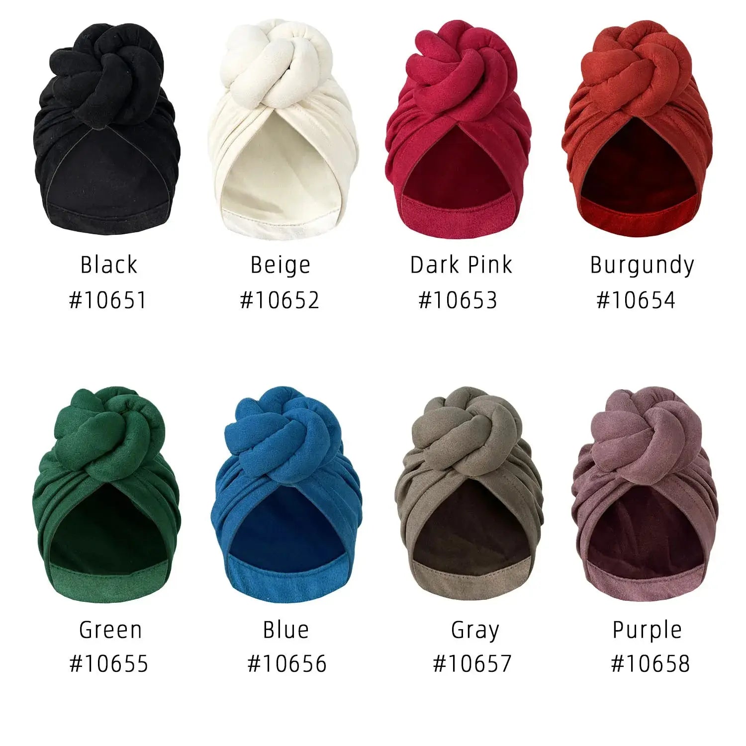 Color options for soft knotted turban headwraps, including black, beige, dark pink, burgundy, green, blue, gray, and purple.