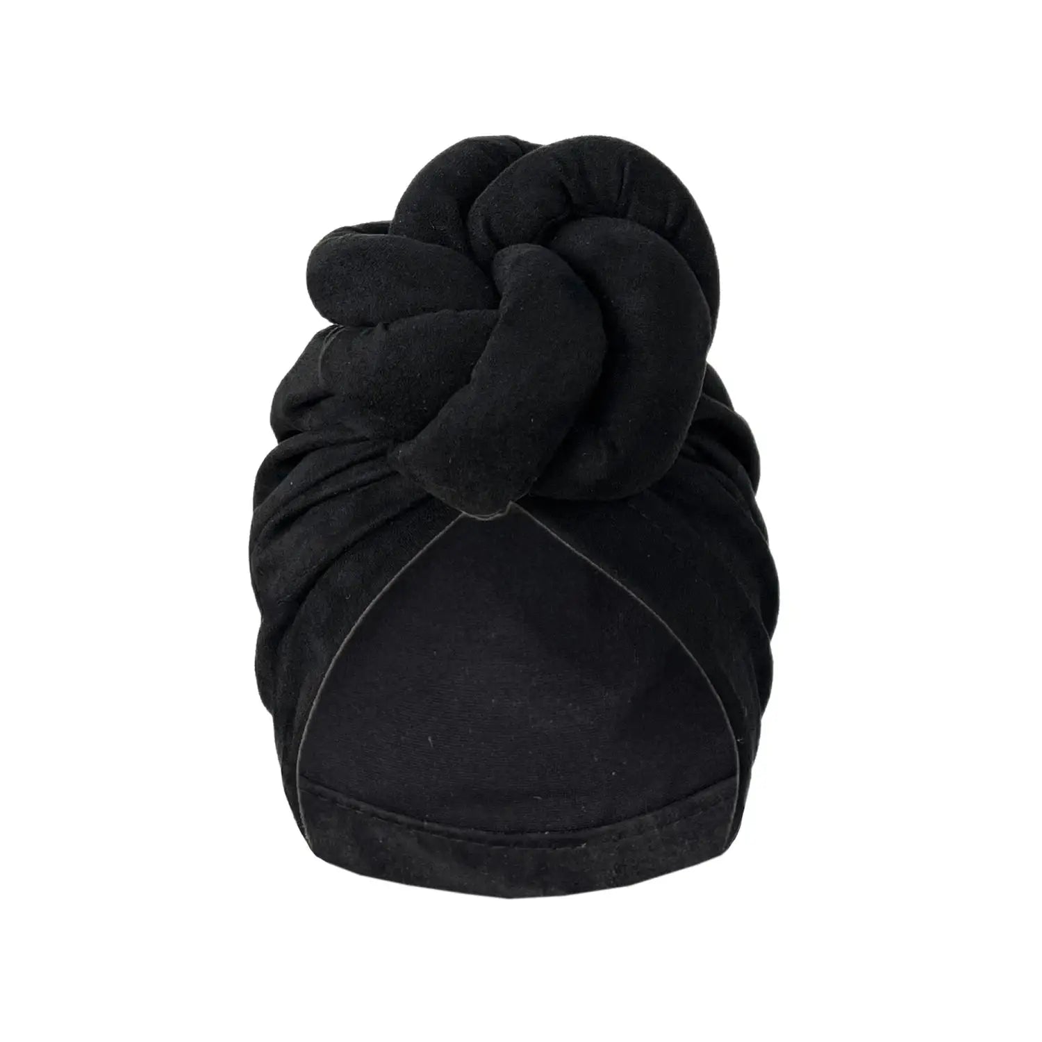 Black soft knotted turban headwrap with a pre-tied knot, providing a classic and versatile head covering option.