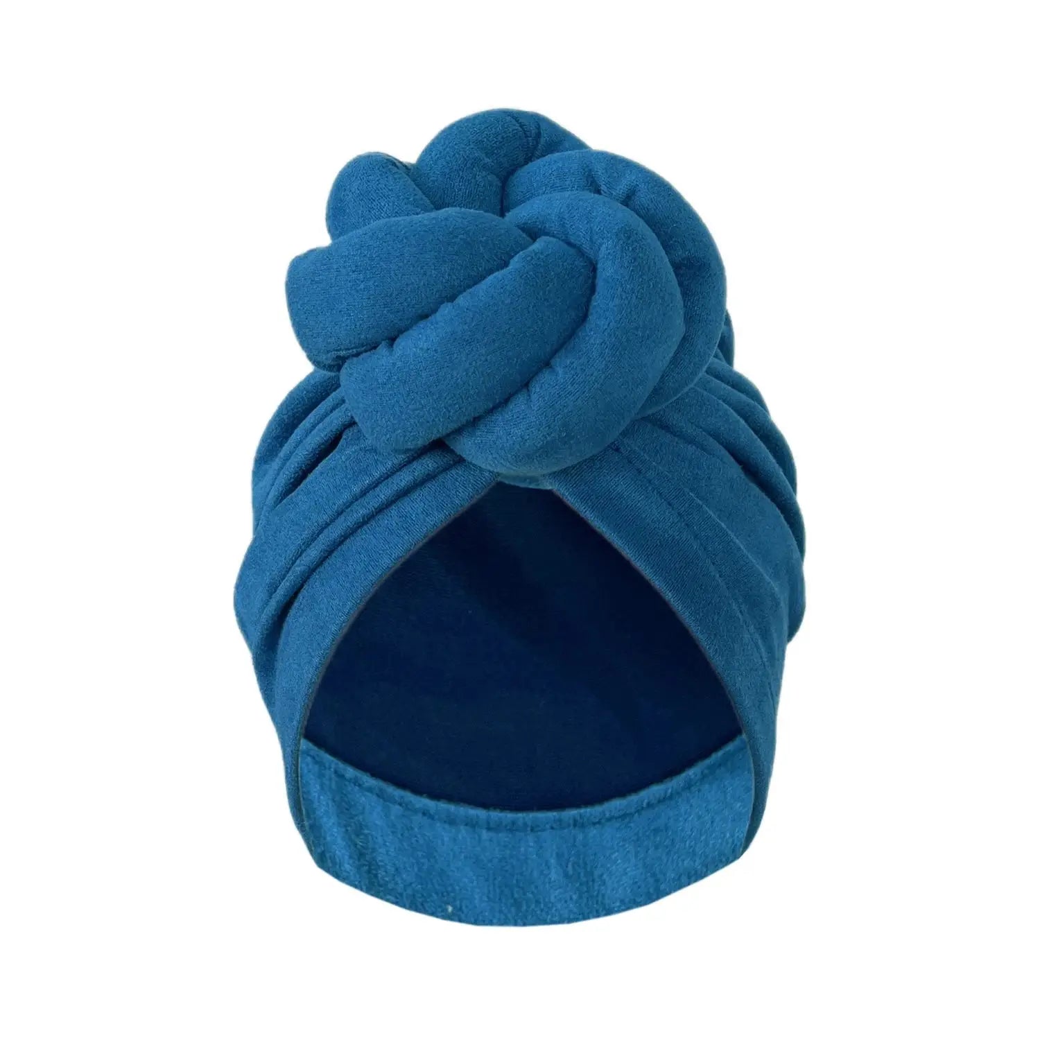 Blue soft knotted turban headwrap with a stylish pre-tied knot, offering a chic and comfortable head covering.