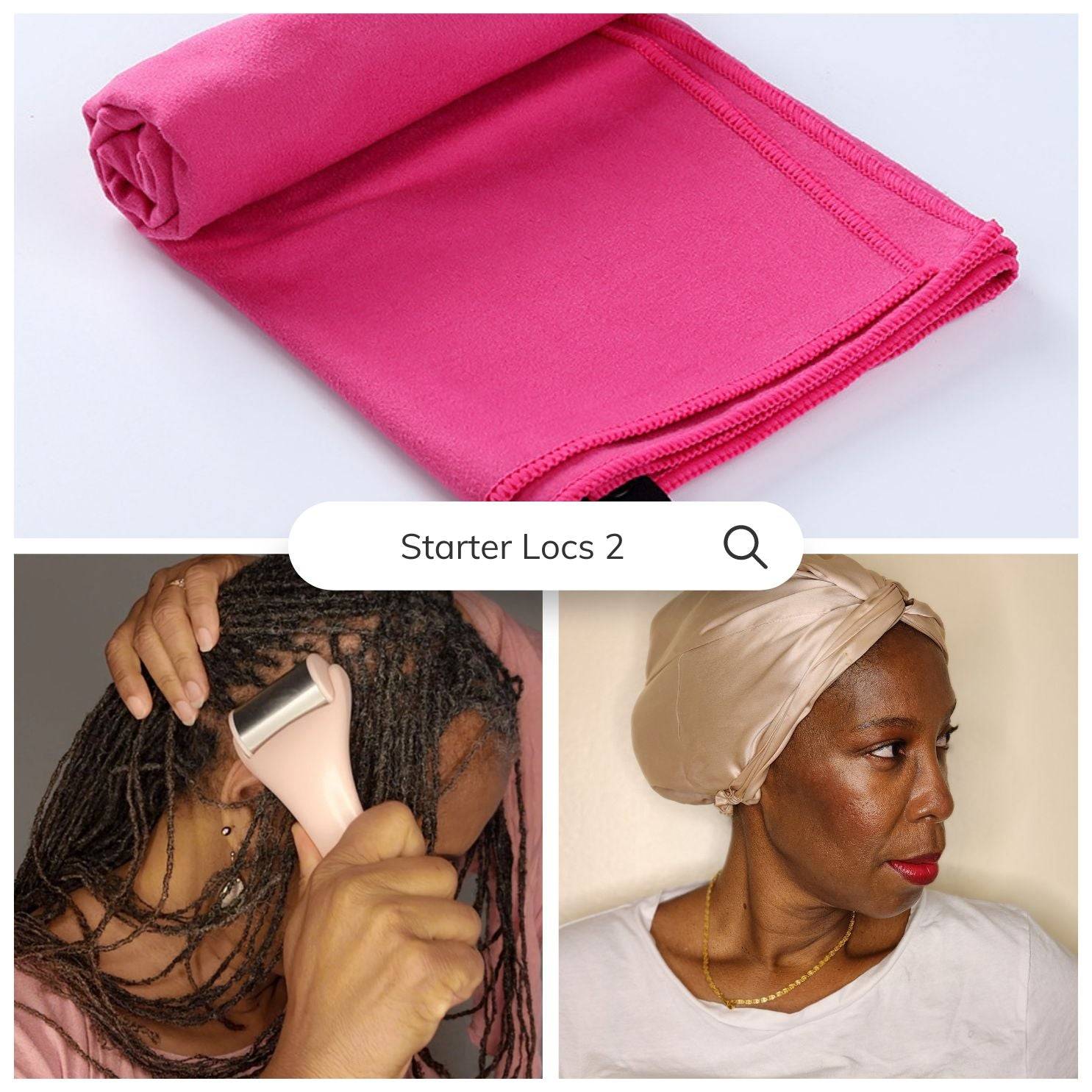 Starter Locs Pakket inclusief een roze microvezelhanddoek, zijden kapje en hoofdhuidmassager. Ideaal voor het onderhouden en stylen van locs.