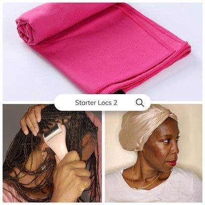 Starter Locs Pakket inclusief een roze microvezelhanddoek, zijden kapje en hoofdhuidmassager. Ideaal voor het onderhouden en stylen van locs.