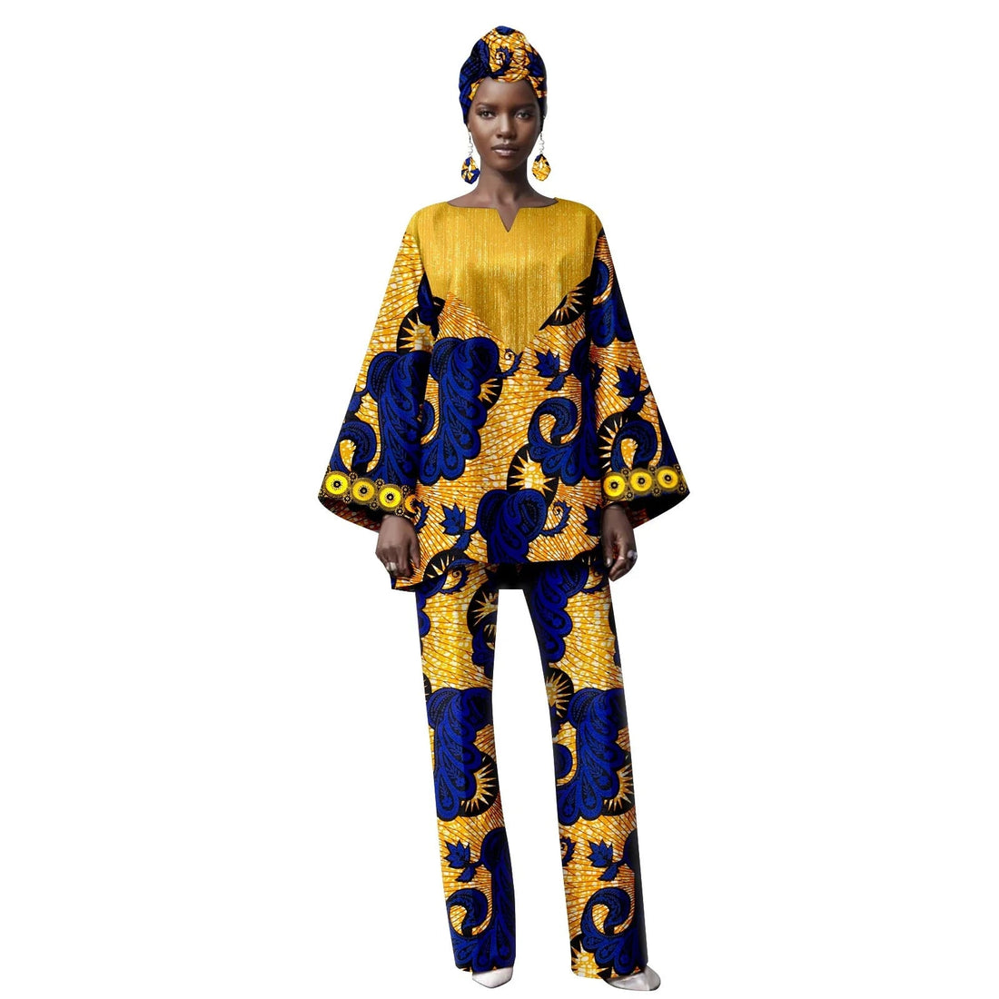 Twee-delig Afrikaans pak met hoofddoek en oorbellen