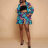Tweedelige Ankara Set in het Zee Blauw met Kleurige Patronen op de Blazer & Shorts